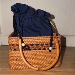 Navy and Tan Woven Tote Bag